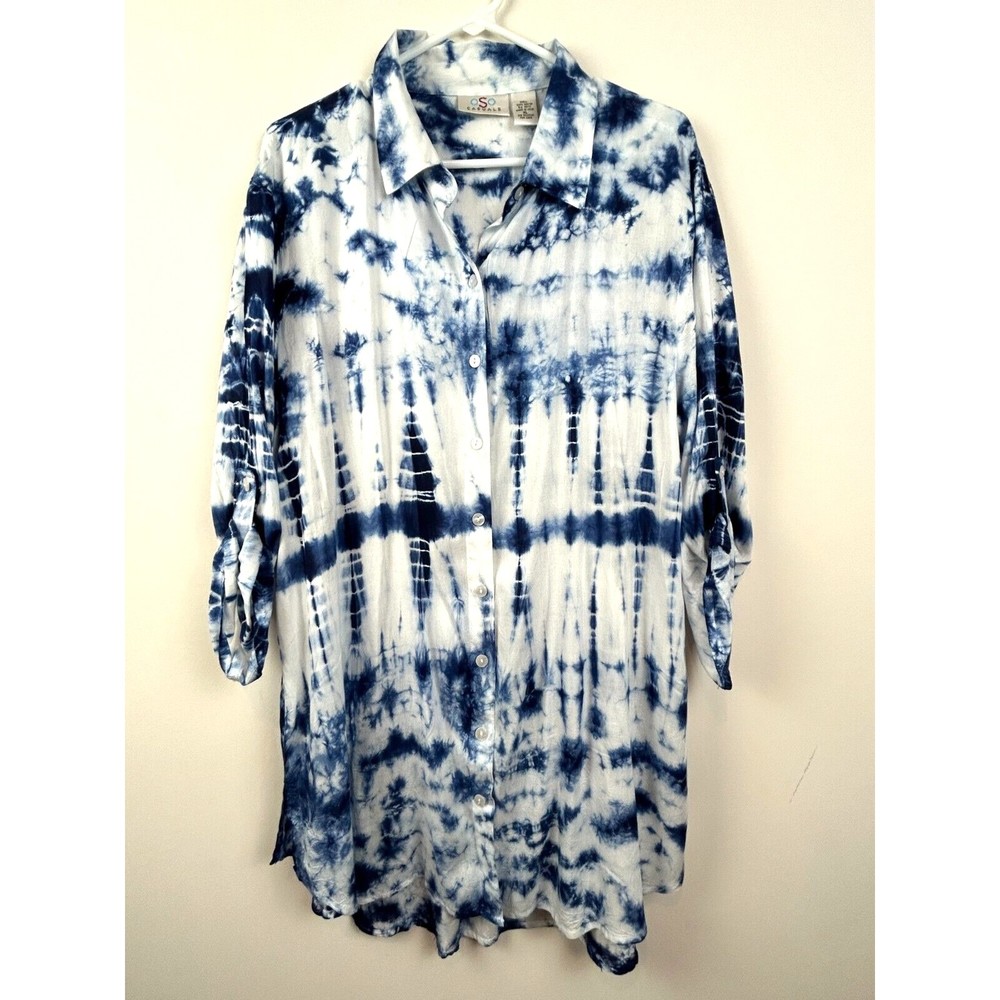 OSO Casuals Rayon Blue White Tie Dyed Tunic Shirt Size XL